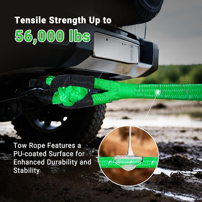 Kinetic Recovery Tow Rope 7/8" x 30ft Tow Strap 48500lbs Snatch Strap with 2Pcs Soft Shackles 56000lbs Break Strength Heavy Duty Kinetic Towing Rope for Truck ATV UTV Offroad Recovery Rope Kit