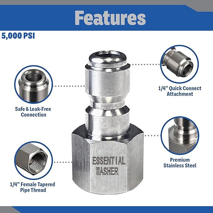 Essential Washer Stainless Steel ¼” Plug Female NPT | Pressure Washer Quick Connect Fittings | 5000 PSI | Set Of 2