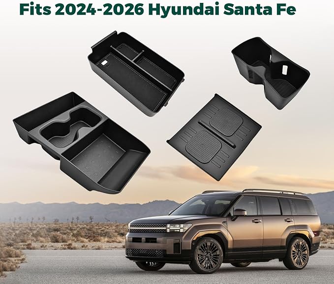 4PCS Center Console Organizer for 2024-2026 Hyundai Santa Fe Accessories, Wireless Charging Mat + Cup Holder Insert + Lower Console Organizer + Center Console Organizer for Santa Fe Accessories
