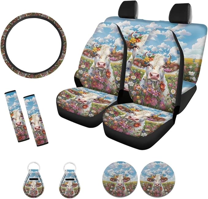 Suobstales Cow Flower Print Car Accessories for Women Seat Covers Set with Universal Steering Wheel Cover Seatbelt Pads, Cup Holder Coasters, Keychain Fits SUV Trunk Sedan