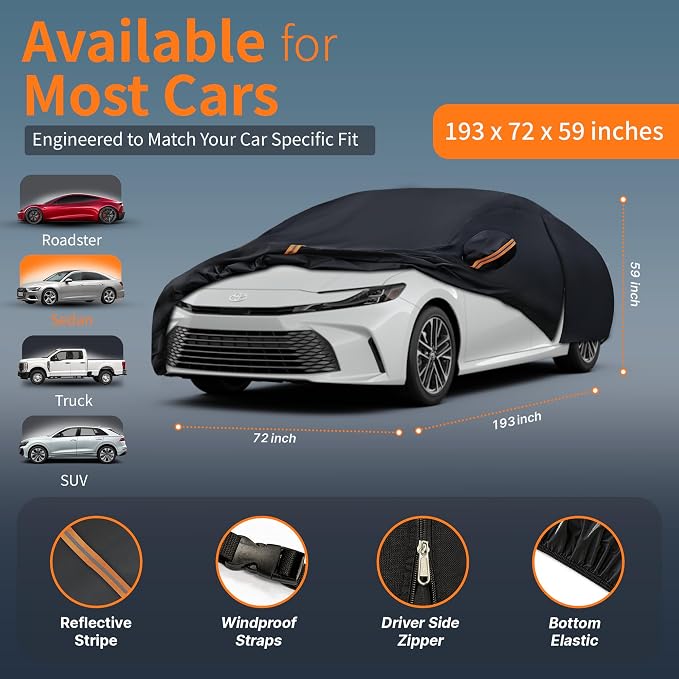 Car Cover Waterproof All-Weather,Outdoor Full Exterior Covers for Automobiles Sedan(Length 186-193 inch) with Windshield Sun Shade Universal Fit Honda Civic,Toyota Camry,Tesla Model 3,etc