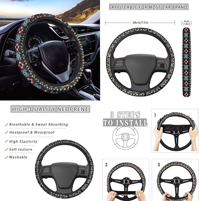 Wanyint Car Seat Cover Full Set for Women Men, with Cup Coasters Steering Wheel Protector Handbrake Gear Shift Knob Headrest Cover Auto Decor, Set of 11, Southwest Aztec Dark Blue Red