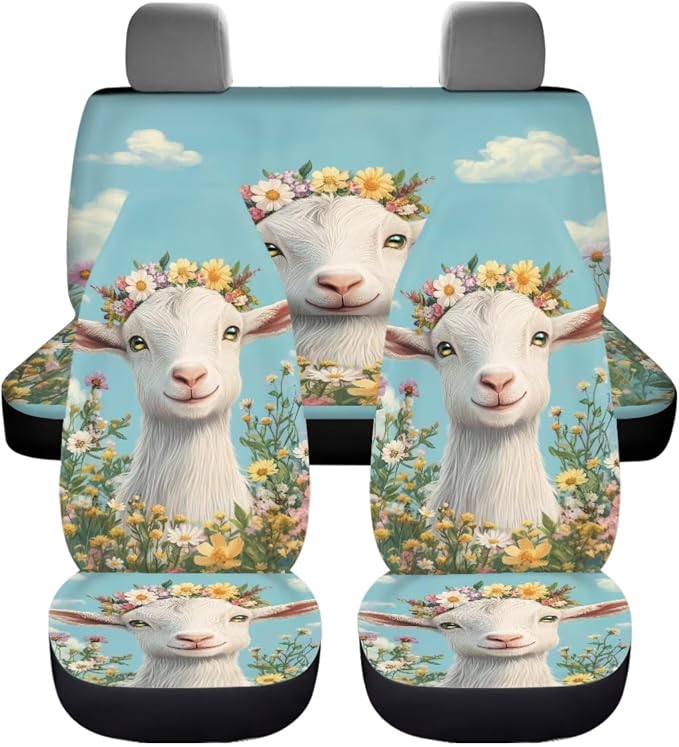 11 Pack Goat Car Seat Covers Set (4 Front Rear Split Bench Seat Cushion Cover/1 Steering Wheel Wrap/2 Coasters/2 Shift Knob Handbrake Protector/2 Seatbelt Pad Wrap, Floral Auto Accessories