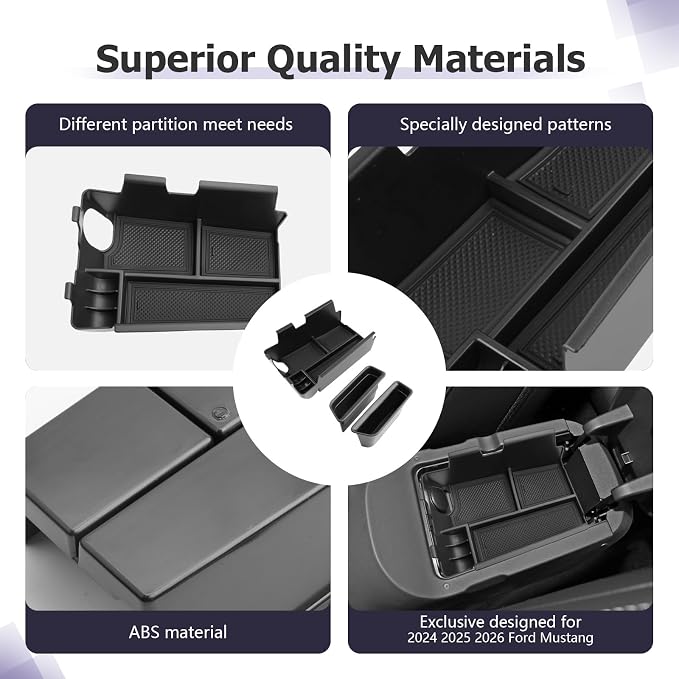 LUWU 3PCS 2025 2026 Mustang Center Console Organizer Compatible with Ford Mustang 2024 2025 2026 Accessories Armrest Console Storage Box Insert Tray Door Side Tray ABS Material Coin Container Black