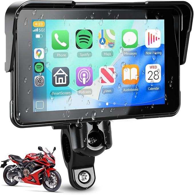 5-Inch Motorcycle CarPlay Screen Wireless Android Auto for Moto with GPS Navigation for Motorbike Bluetooth Voice Control Portable Moto Car Play Screen