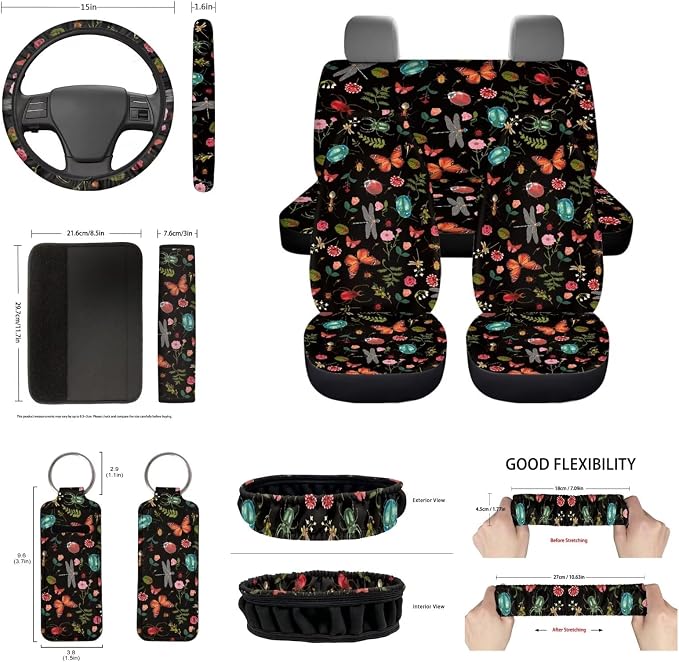 Cottagecore Car Interior Set Forest Butterfly Insect Car Seat Covers Elastic Auto Steering Wheel Cover+Non Slip Coaster+Gear Shift Knob & Handbreak Cushion for Most Vehicle Truck