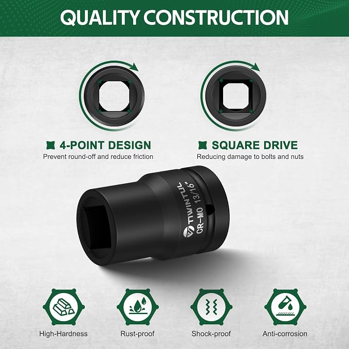 3/4" Drive Shallow Impact Socket Set, 16PCS SAE (3/4" to 1-13/16") | 13/16" Square Socket, 6-Point, Heavy Duty Impact Socket Set with 1/2" F to 3/4" M Adapter for Auto, Truck, Large Equipment