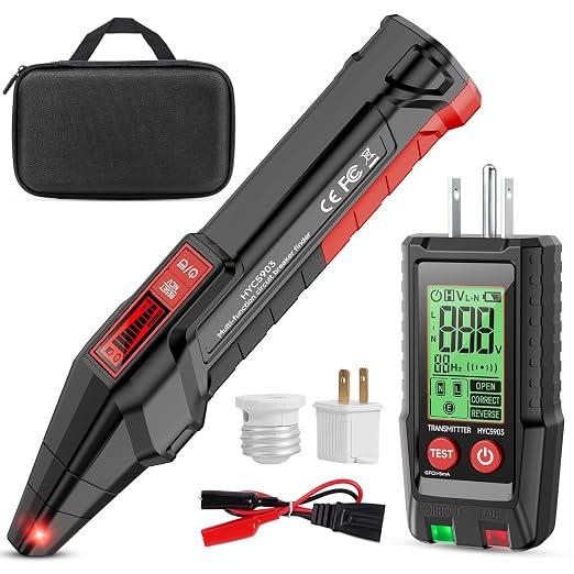 Circuit Breaker Finder with LCD Display, 90-250V Electrical Circuit Tracer Tool with GFCI Outlet Tester, NCV Circuit Tester with Adapters & Carrying Case, Digital Receiver for Home Workshop