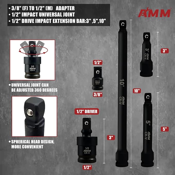 AMM 1/2-inch 66 Pieces Impact Socket Master Set, SAE & Metric from 5/16"-1-1/4",8-24mm, Shallow/Deep Socket Set with Ratched Hand, Extension Bar and Adapters，Cr-V steel