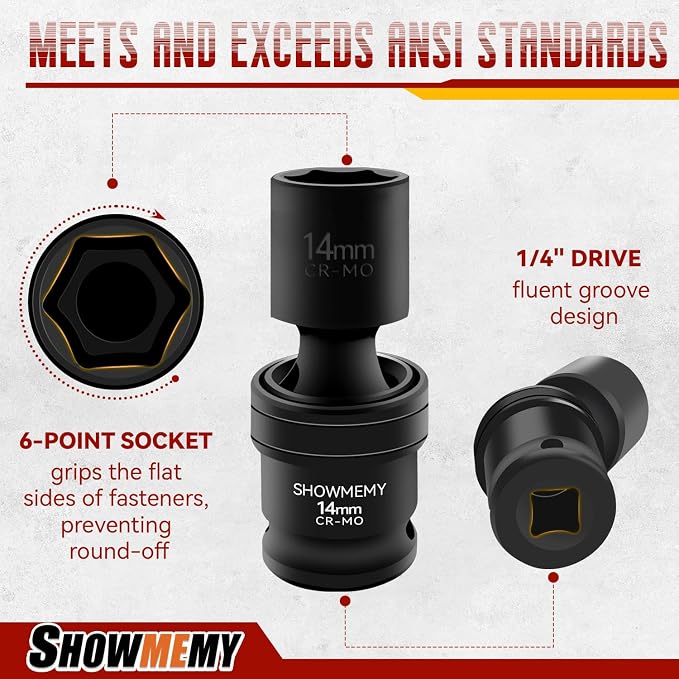 Drive Impact Universal Joint Socket Set, 6 Points, Shallow Swivel Socket Set, Cr-Mo Steel. Heavy Duty Storage Case (Metric 1/4", Metric 1/4")