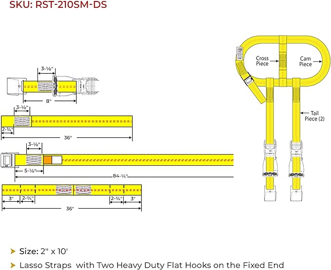 Mytee Products 2 Pack 2" x 120" Yellow Side Mount Wheel Tie Down Strap with Flat Hook & Dual Ratchet – 3,333 lbs WLL Wheel Net Fits 14–17" Tires, Heavy Duty Vehicle Tie Down Strap for Car Hauling