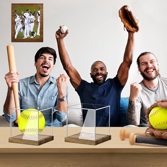 Clear Acrylic Softball Display Case with Wood Base, Memorabilia Stand Cube Holder, Dust Protection Transparent Storage Box for Single Ball Souvenir Softball Collections