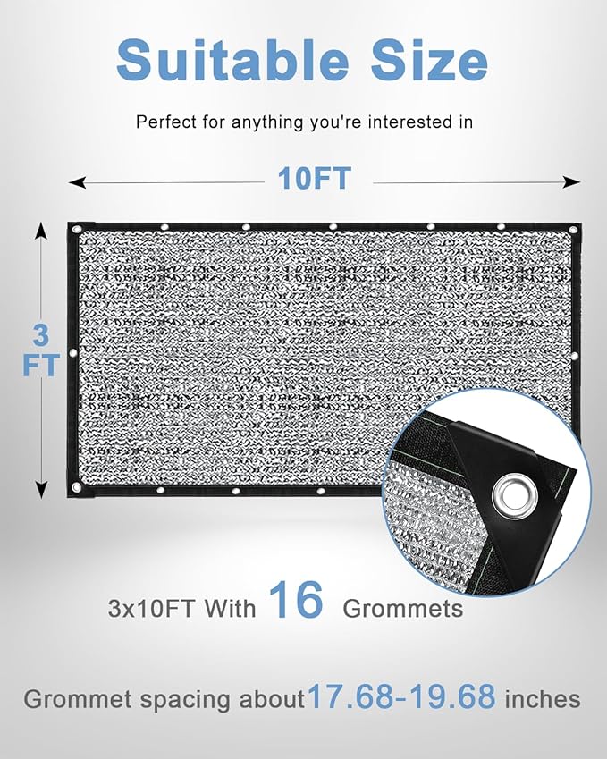 vensovo 85% Aluminum Shade Cloth - Reflective Aluminium Shade Netting Sun Shade Cover with Grommets for Cars, Dogs, Outdoor, RV, Patio (3x10FT)