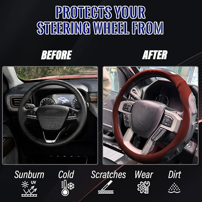 Breathable Leather Steering Wheel Cover with Non-Slip Grip for Enhanced Comfort - Designed for 15.35-16.14Inch Wheels on Pickup Trucks & Large SUVs. (15.74-inch red)