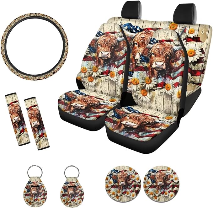 Xoenoiee American Flag Cattle Daisy Pattern Car Seat Cover Full Set with Steering Wheel Cover, Seat Belt Cover, Coasters, Key Chains for Cars SUV, Universal Auto Accessories - 11 Pack