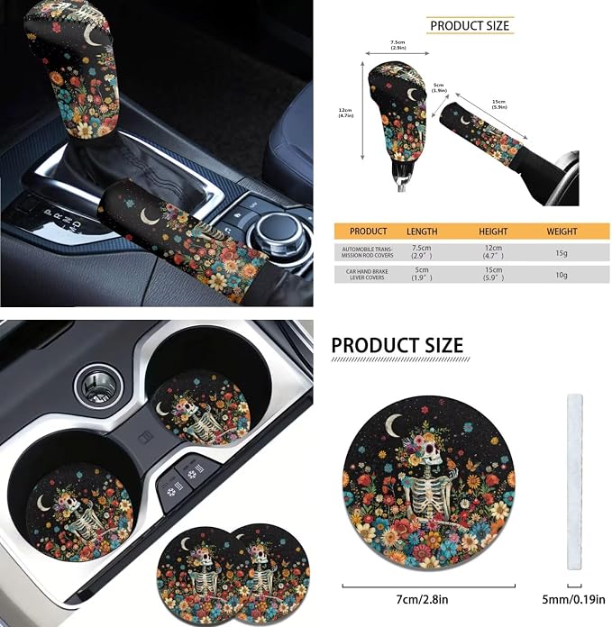 AFPANQZ Car Seat Covers Full Set of 11 Pcs with Steering Wheel Cover Gear Shift Knob Cover+Auto Handbrake Cover+Seat Belt Strap Pads+Car Coaster with Skull Floral