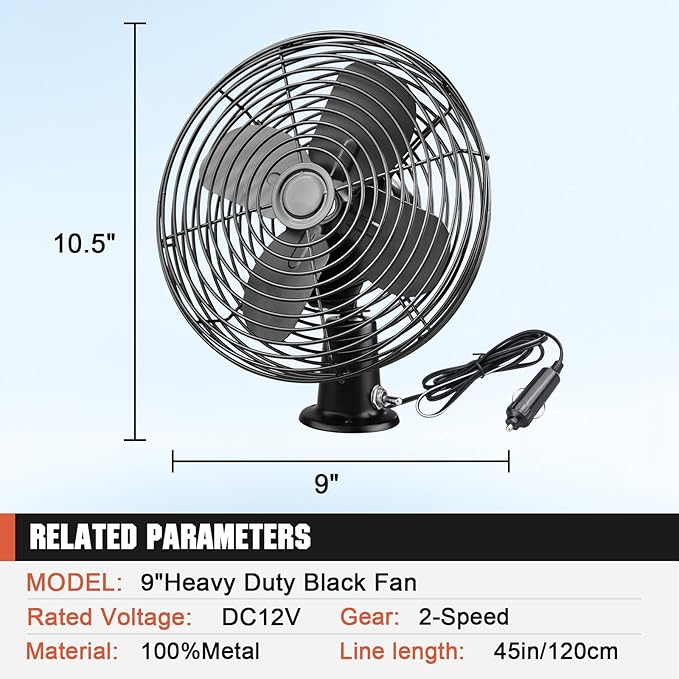 12V Portable Fan RV | Truck Cooling Heavy Duty 9" Metal Clip-On Car Fan Bus | Boat | Forklift | Car | Camper | Lawn | Mower | Tractor 2-Speed High Velocity Black