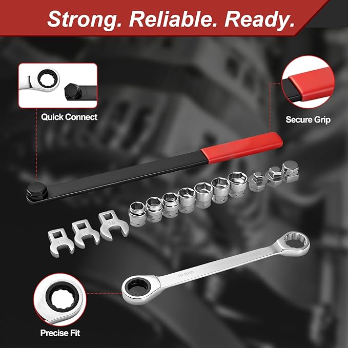 Universal Ratcheting Serpentine Belt Tool Set, 15-Piece Professional Belt Tensioner Tool Kit with Ratcheting Wrench, Crowfoot Wrenches and Sockets