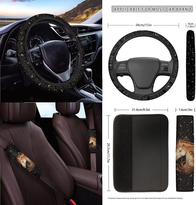 Horse Galaxy Pattern Car Seat Covers Full Set Steering Wheel Cover Seatbelt Cover Trash Can Air Vent Storage Bag Cup Coasters Keychain Auto Interior Sets of 15