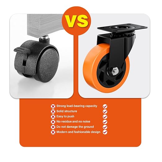4" Swivel Plate Casters Set of 8 Heavy Duty 1200 lbs | Orange PU, Non-Marking, Quiet. 1200 Lbs/4 Casters. No Brake - Continuous Rolling. Black Rustproof Bracket. Workshop, Garage