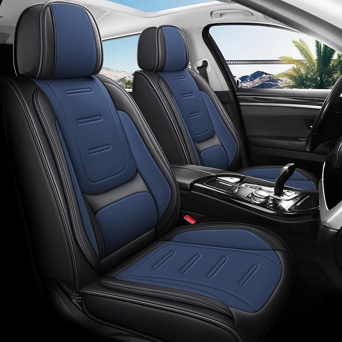 otoez Nappa Leather Car Seat Covers Full Set, Breathable Leather Automotive Seat Covers Front & Rear Seat Protectors with Lumbar Support, Universal Fit for Most Cars SUV Truck Sedan (Black+Blue)