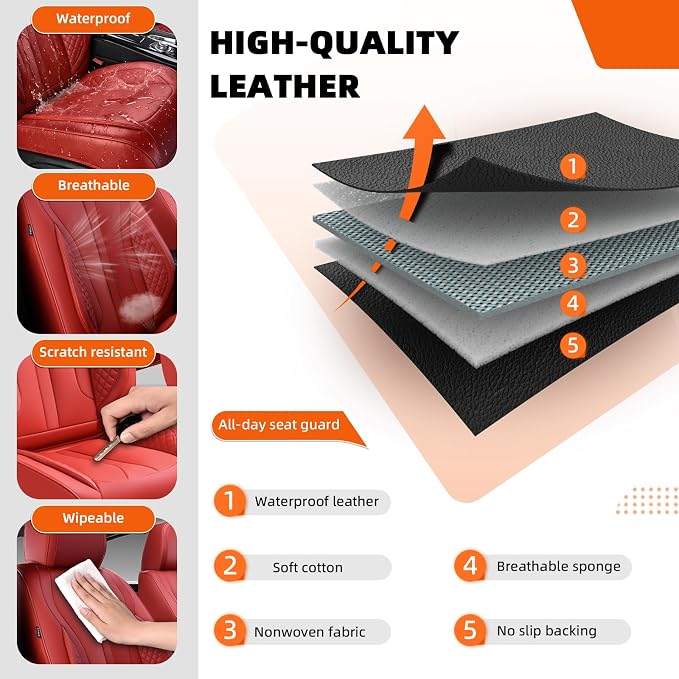 2-Seater Car Seat Covers Full Set, Fit for Front Seats of Cars, Waterproof and Breathable Nappa Leather, Compatible with Airbags, Car Seat Protector Covers for Most Cars - Wine red
