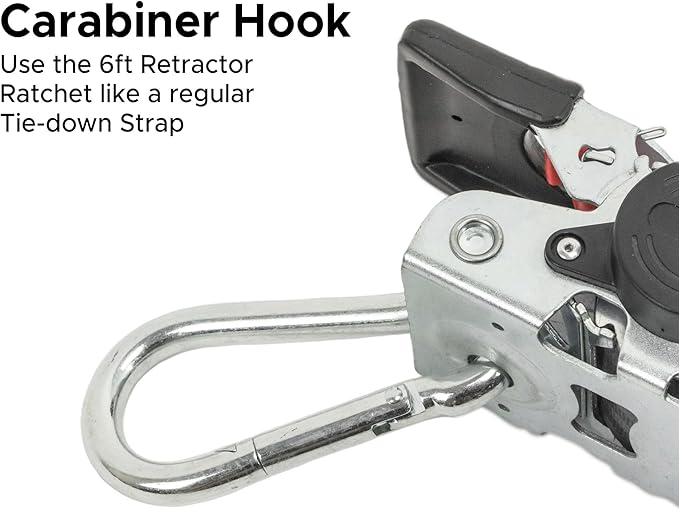 PowerTye - 2 inch x 6ft Long Retractable Ratchet Tie Down Strap with Carabiner and Latch-Hook - Self-Retracting Ratchet, 800 lb W.L.L., Ideal for Motorcycle, ATV, Cargo, Boats, Black (Pair)
