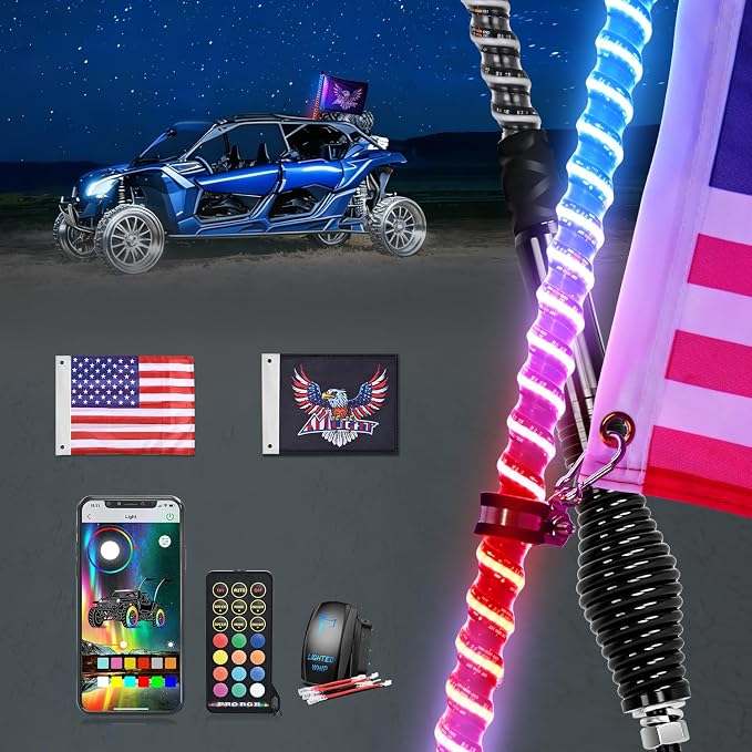 Nilight LED Whip Light 1 PC 2FT COB RGB Spiral Lighted Antenna with Spring Base, Bluetooth App & Remote Control DIY Chasing Patterns & Music Sync Safety Whips for ATV UTV RZR Polaris Can-Am Truck