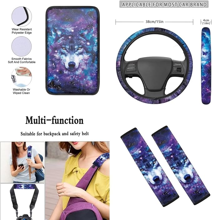 Mumeson Galaxy Wolf Car Seat Covers Set with Seat Belt Shoulder Pads/Steering Wheel Cover/Car Armrest Protcet Cushion Pad 8 Pack Car Accessories Interior Decor for Mens