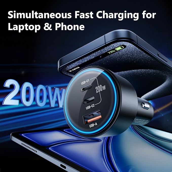 ROADRESS 200W Super Fast Car Charger for iPhone 16/15 Pro Max, 3-Port USB C Car Charger Adapter with 2×100W USB C to C Cables, PD3.0/QC4.0, 12V-24V Vehicle Compatible, LED Light & Overheat Protection