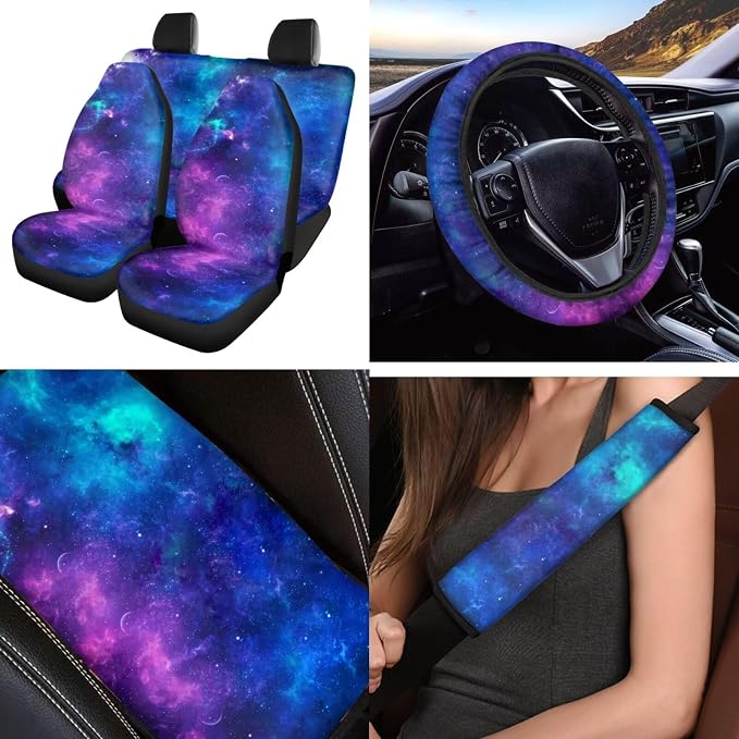 Blue Galaxy 12 Pack Car Seat Covers Full Set Steering Wheel Cover Seat Belt Cover Keychain Holder Armrest Cushion Protector Universal Fit Most Vehicles Cars SUV