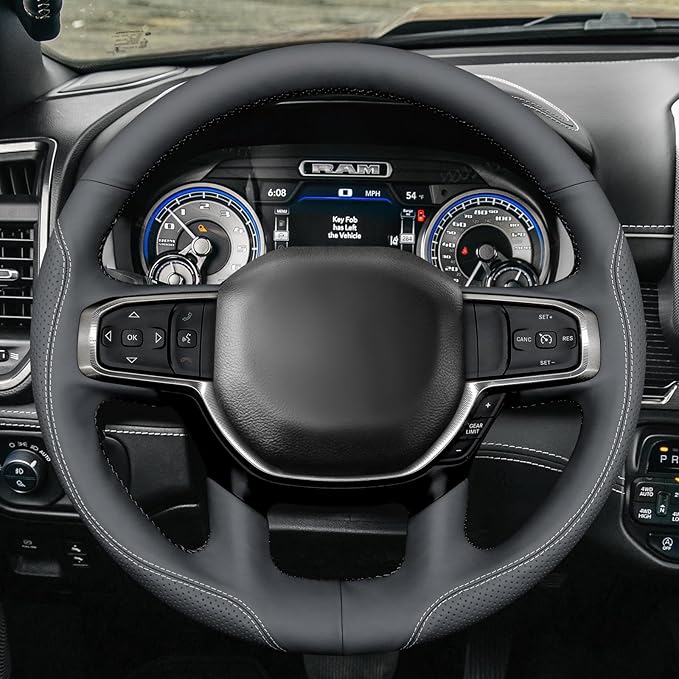 MEWANT Hand-Stitched Steering Wheel Cover Wrap for Dodge Ram 1500 2019-2023 Steering Wheel Accessories for Dodge Ram(Backsides Without Buttons)