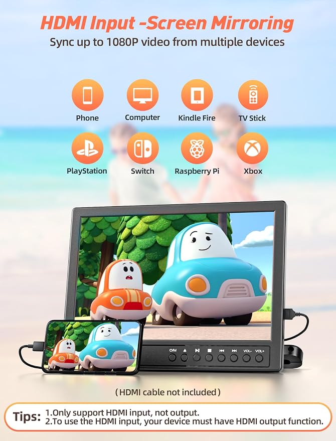 Arafuna 12" Portable DVD Player for Car with Headphone, Car DVD Player with Headrest Mount, Suction-Type Disc in, Headrest DVD Player Support HDMI Input, AV in/Out,1080P Video, USB/SD Card Reader