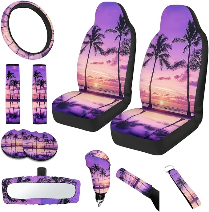 Palm Trees Sunset 11 Pack Car Seat Covers Sets Car Front Seat Cover Auto Seat Belt Cover Rear View Mirror Cover Cup Coasters Keychain Holder Universal Fit Most Cars SUV