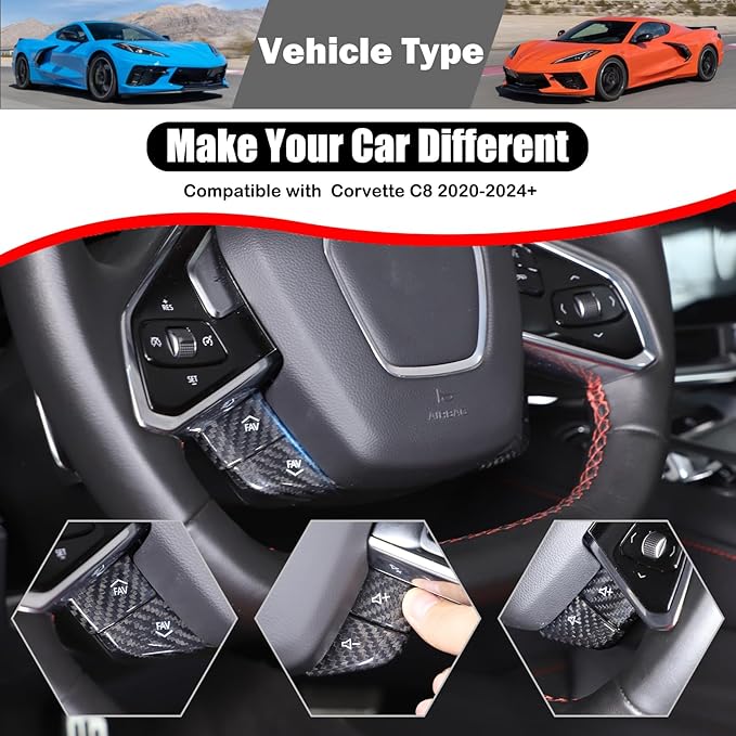 Dry Carbon Fiber Central Control Steering Volume Button Cover Compatible with Corvette C8 2020-2025 Accessories 4Pcs Center Consoles Steering Button Panel Sticker Decorative Interior Trim (Black)