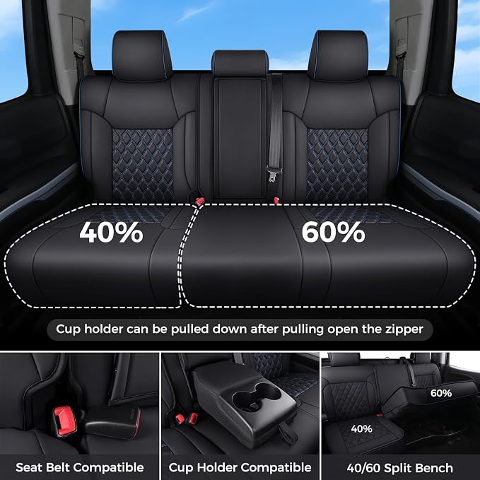 Huidasource Custom Fit Tundra Car Seat Covers Full Set, Waterproof Front&Rear Seat Cushion Fit for 2014-2021 Toyota Tundra CrewMax Pickup Truck (Full Set/Black&Blue)