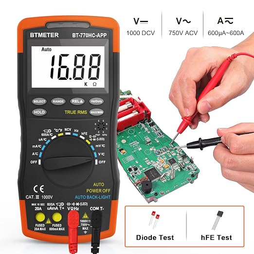 BTMETER Digital Multimeter, Handheld TRMS 6000 Multi Meter Auto Range Voltmeter Ammeter Measure AC DC Volt Amp Ohm Continuity Capacitance Frequency Diode hFE Transistor Temp 770HC-APP