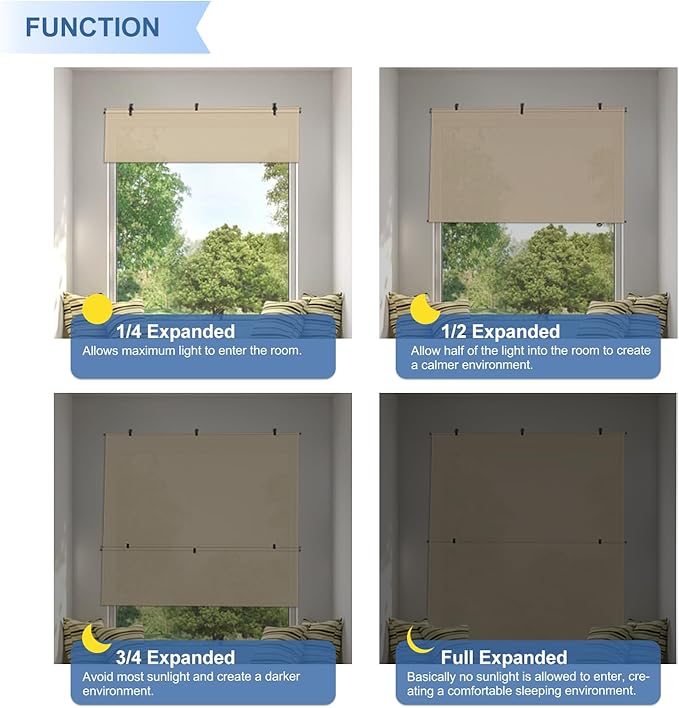 E&K Sunrise 7'W x 14'H Outdoor Roller Shades Patio Cordless Roll Up Blinds Foldable Sun Shade UV Block Exterior Sun Screen for Outside Porch Backyard Deck Pergola (Beige)