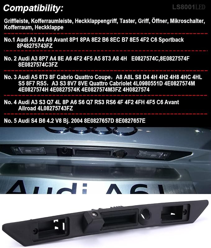 Trunk Handle Vehicle Camera Rear View Camera Parking Reverse for Audi A3 8P7 A4 8E A6 4F2 4F5 A5 8T3 A8 4H E0827574C,8E0827574F 8E0827574C3FZ Waterproof Night Vision Back up Reverse
