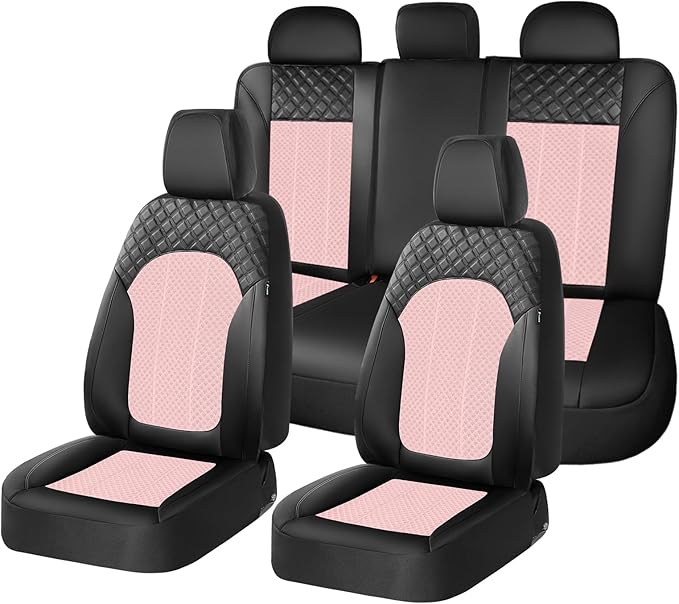 FLORICH Pink Car Seat Covers Full Set Leather Mesh Front and Rear Seat Cover Automotive Seat Cushion 5-Seat Driver Seat Covers Protector Universal Fit for Most Car SUV Sedan Truck, Black&Pink