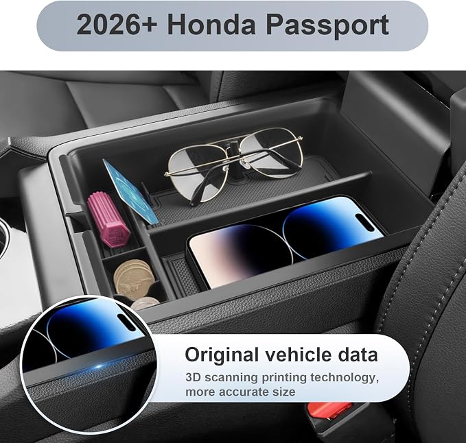 SKTU 2-Pack for 2026 Honda Passport Center Console Organizer 2026+ Passport Console Tray & Wireless Charging Mat Honda Passport 2026 Accessories Rubber Console Non-Slip Pad