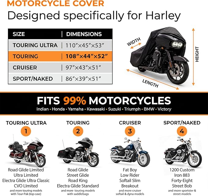 Motorcycle Cover for Harley Davidson Road Glide Street Glide Road King Electra Glide Heritage Classic and More, Waterproof Heavy Duty All Weather Outdoor Storage, Touring Bike Cover