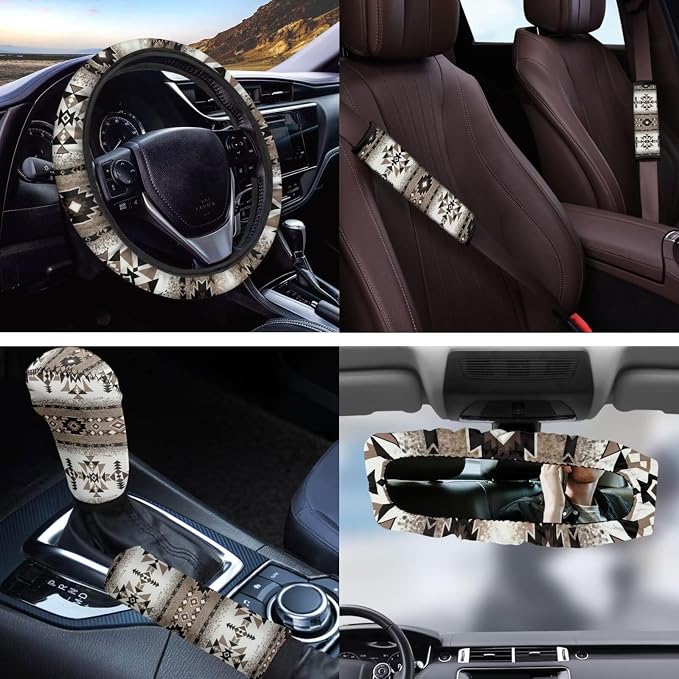 Western Aztec 11 Pack Car Accessories Set with Car Front Seat Cover Steering Wheel Cover Auto Seat Belt Cover Rear View Mirror Cover Easy to Install for Car SUV Seat Protector