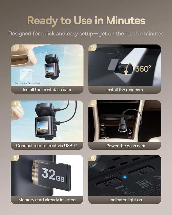 Baseus VD1 Pro Solar Dash Cam Front and Rear, 4K+1080P Dash Camera for Cars, Battery Powered Parking Mode, Starvis Night Vision, 32 GB Card Included, 5GHz WiFi, GPS, Wide Angle,Voice Control