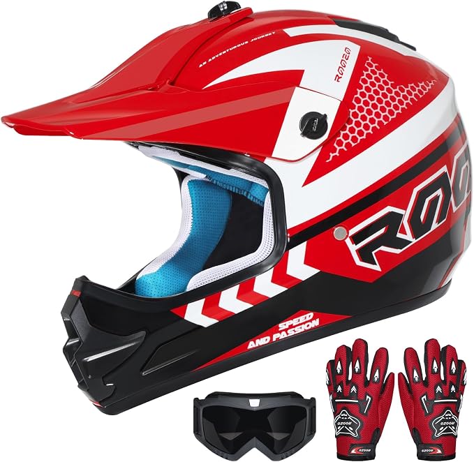 Youth Dirt Bike Helmet DOT Approved, Kids Motocross Full Face Helmet with Adjustable Goggles Riding Gloves & Storage Bag, Off-Road Sport Gear Set for Boys Girls ATV UTV