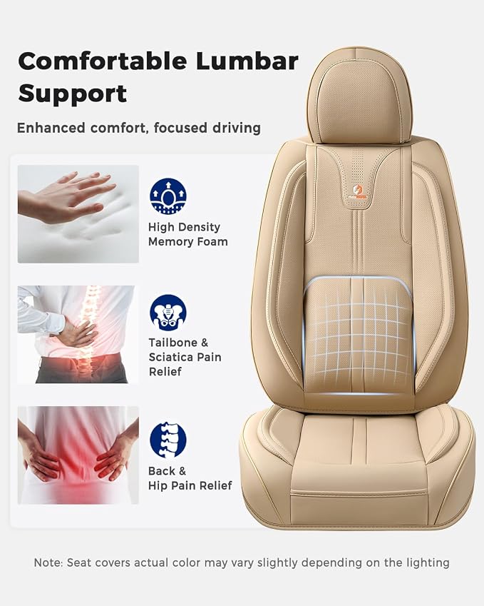 Huidasource Beige Seat Covers Luxury Nappa Leather, Car Seat Cover with Velcro Adjustable, Airbag, Lumbar Support, Cooling＆Heating, Automotive Seat Covers Universal Fit for Most Cars SUV Trucks Beige