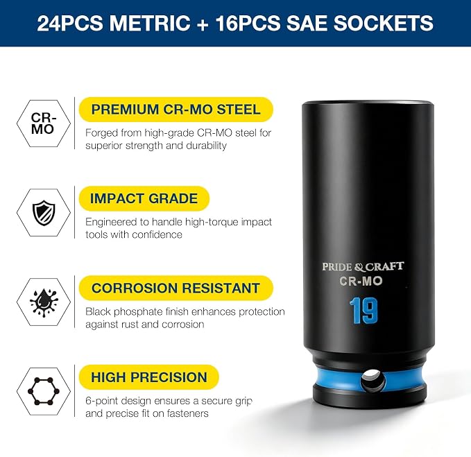 PRIDE&CRAFT 43PCS 3/8" Drive Impact Socket Set, SAE & Metric Deep and Shallow Sockets, 6-Point Cr-V Impact Socket Set with Extension Bar, Universal Joint & Drill Adapter, Heavy Duty Storage Case