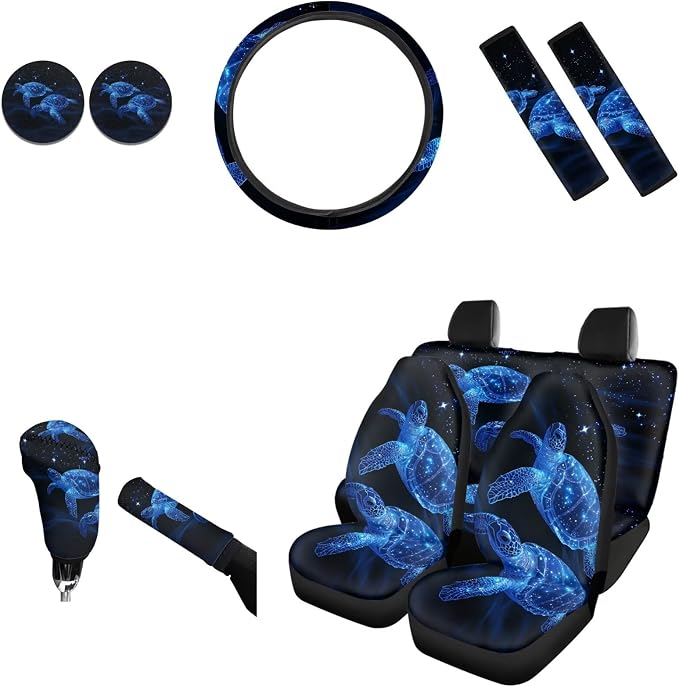 AFPANQZ Blue Sea Turtle Car Accessories Set 11pcs with Steering Wheel Cover, Car Seats Covers, Seat Belt Pads Gear Shift Knob Handbrake Cushion Car Cup Holder Coaster