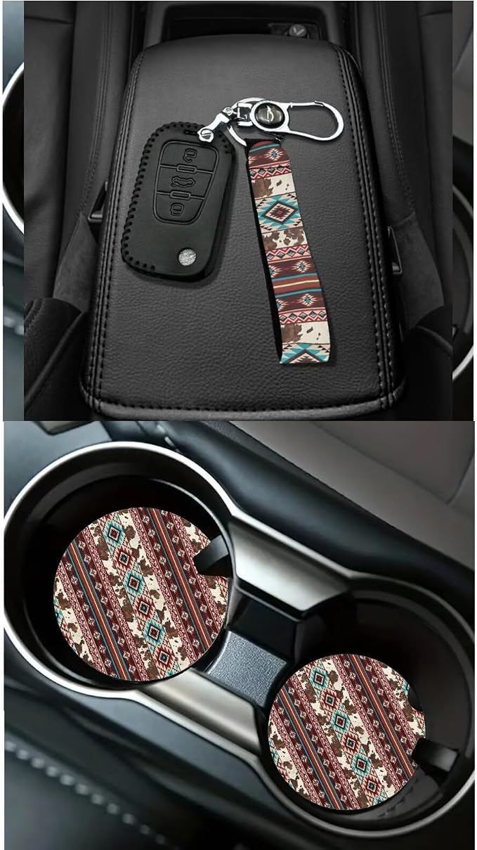 Dreaweet Aztec Brown Cow Seat Covers for Cars Full Set Native American Tribal Car Accessories Steering Wheel Cover Seat Belt Pads Coasters Trash Bag Air Vent Storage Bag Rearview Mirror Cover Keychain