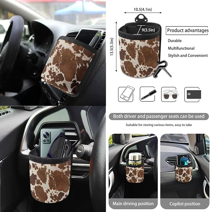 Wanyint Brown Beige Cow Print 15 PCS Car Seat Cover Full Set With Steering Wheel Cover, Seat Belt Pad, Trash Bin, Rear View Mirror Cover, Cup Holders, Keychain, Air Vent Storage Bag, Car Decoration